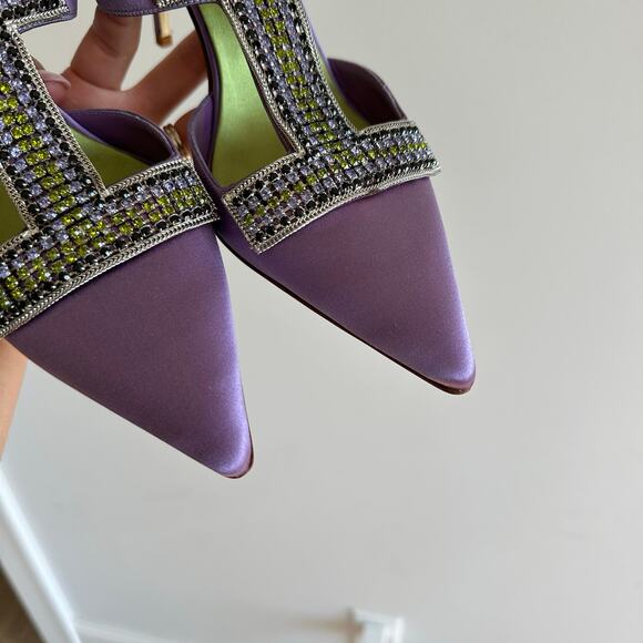 Manolo Blahnik Satin Crystal Embellished T-Strap Heels Sandals Purple 40 - Picture 6 of 8